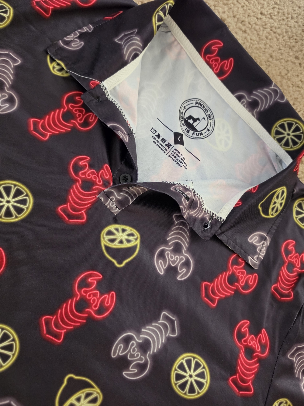 Men's Black Neon Lobster Print Golf Polo Large